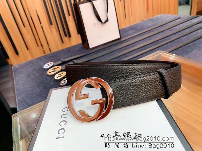 GUCCI古馳 官網爆款 正品規格 原單品質 togo荔枝紋牛皮 雙G亮面銀色扣 男士皮帶  xfp1076